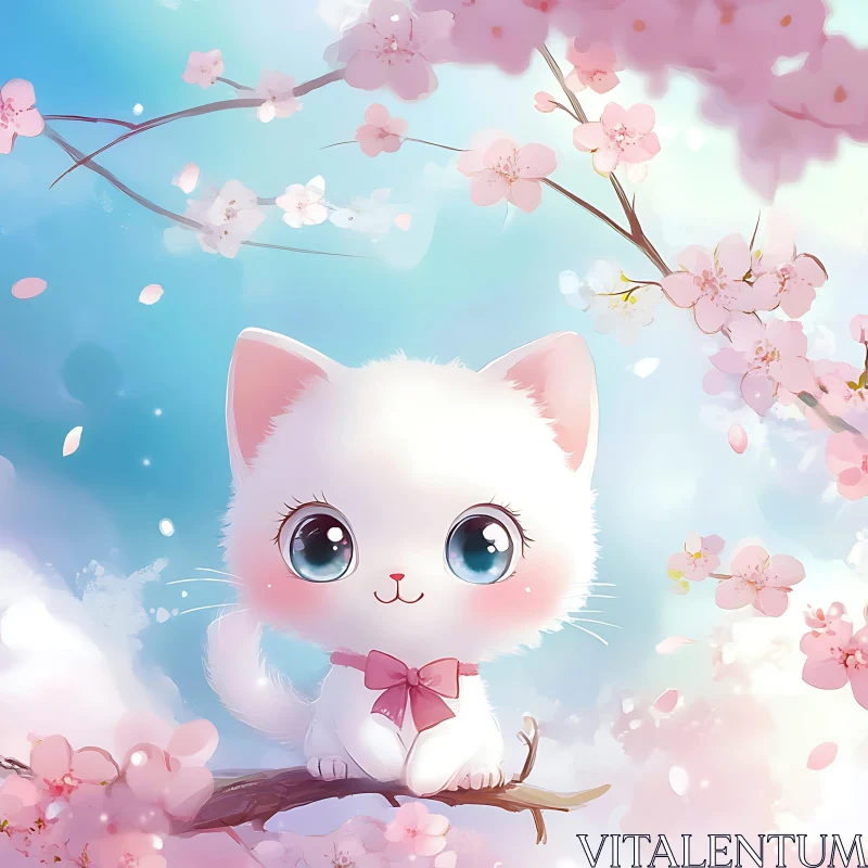 Cute White Kitten with Pink Bow and Blossoms