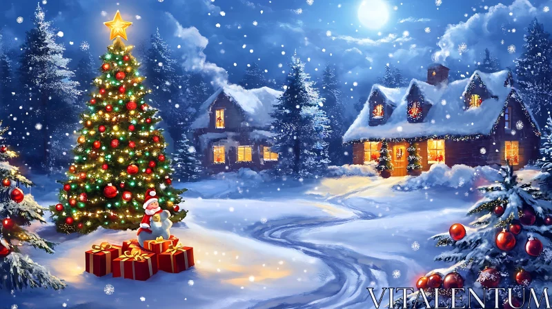 Festive Winter Wonderland with Snowy Houses and Tree