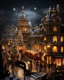 Festive European Street at Night During Christmas