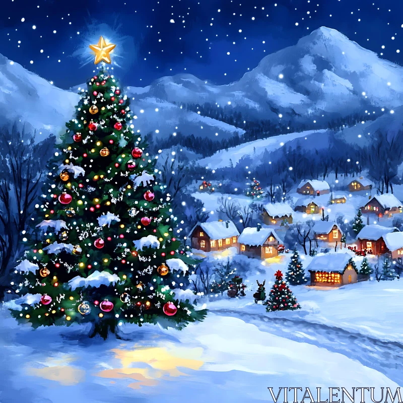 Starlit Christmas Tree Adorns Snowy Village