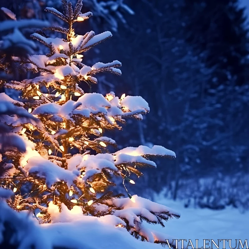 Snow-Covered Christmas Tree with Lights in Winter Forest