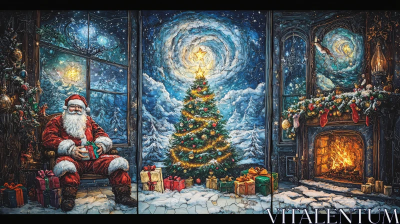 Festive Holiday Image with Santa Claus, Tree, and Fireplace