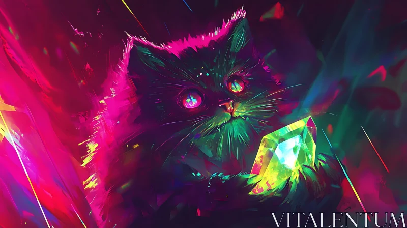 Neon Fantasy Cat with Glowing Crystal
