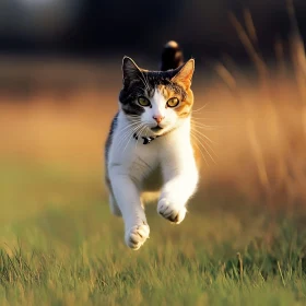 Cat Running Through Meadow in Mid-Air