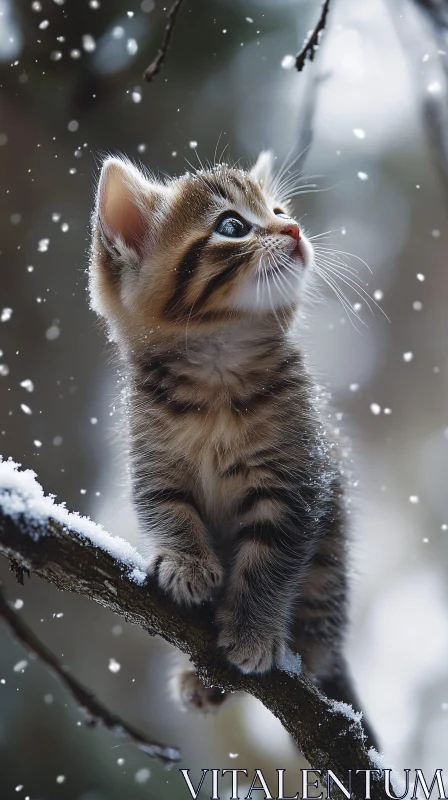 Cute Tabby Kitten on a Snowy Branch