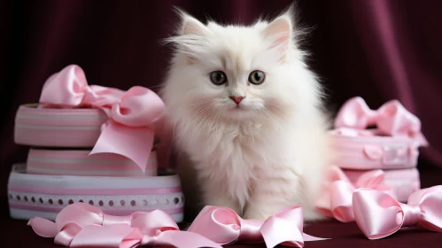 Adorable Kitten Among Pink Gift Boxes