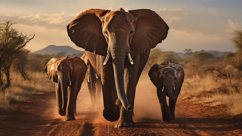 African Elephants Running in Grassland
