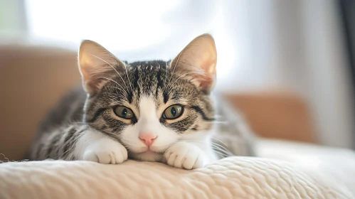 Cute Tabby Kitten Laying on a Cozy Blanket