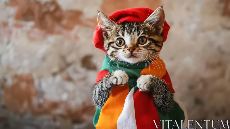 Cute Kitten with Colorful Scarf and Cap