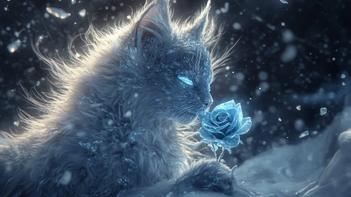 Mystical Cat and Glowing Blue Rose