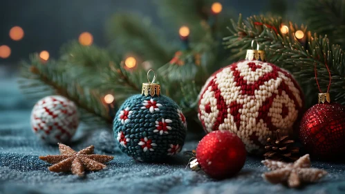 Intricate Holiday Ornaments with Pine and Lights