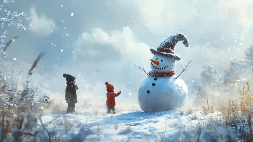 Children Playing with a Snowman in a Snowy Landscape