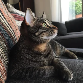 Green-Eyed Tabby Cat Lounging at Home