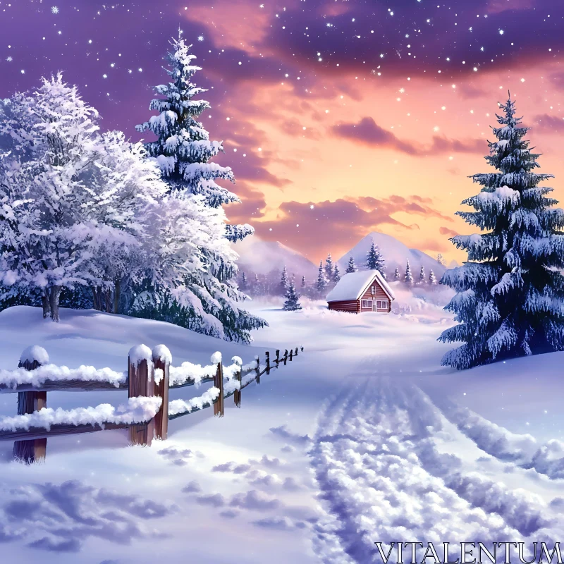 Twilight Snow Scene with Cozy Red Cabin
