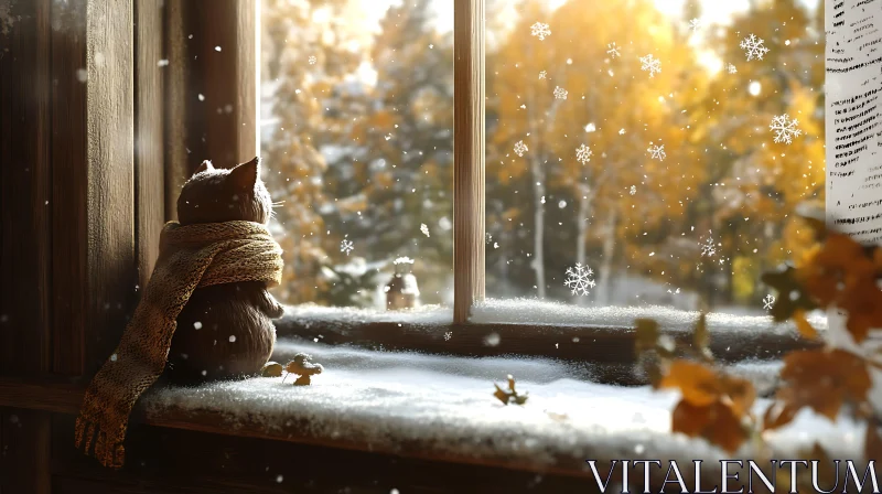 Cozy Cat Watching Snowfall Through a Window