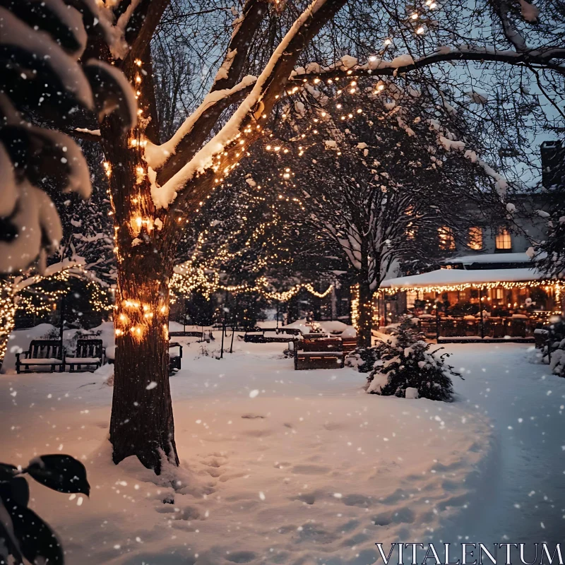 Cozy Snowy Evening with Twinkling Christmas Lights