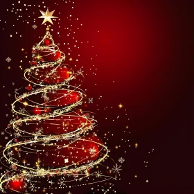 Golden Christmas Tree Against Red Background