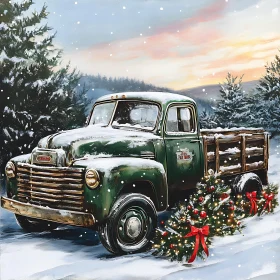 Vintage Christmas Truck in Winter Wonderland