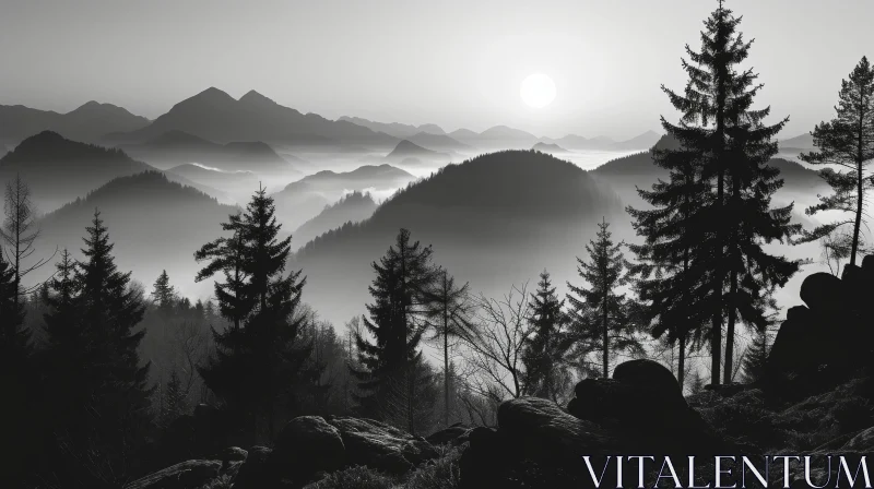 Black and White Mountain Landscape with Serene Valley AI Image