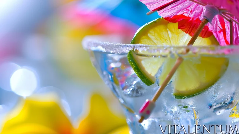 Close-Up Martini Glass with Lime Wedge and Flower Garnish AI Image