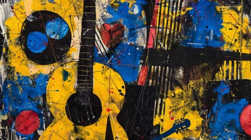 Colorful Abstract Pop Art with Guitars and Musical Elements