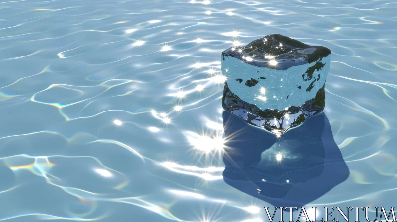 Crystal Clear Ice Cube Floating in Serene Water | 3D Rendering