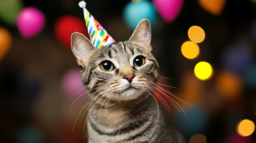 Tabby Cat Celebrating with Vibrant Bokeh Background