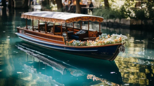 Elegant Boat with Flowers in a Serene Canal | Indigo and Emerald