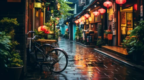 Exotic Atmosphere: Wet Alley with Bicycles and Lanterns