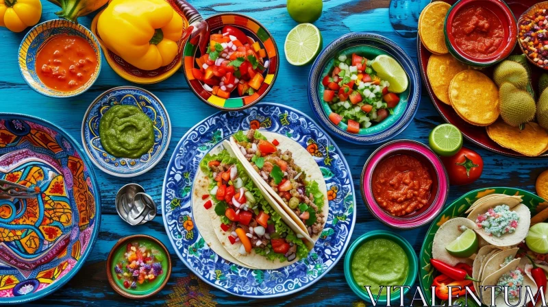 Exquisite Mexican Food Display on a Rustic Blue Table AI Image