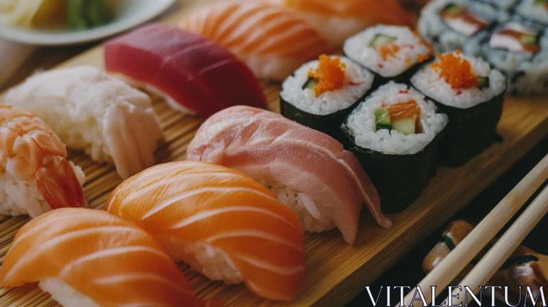 Exquisite Sushi and Sashimi Assortment on a Wooden Board AI Image