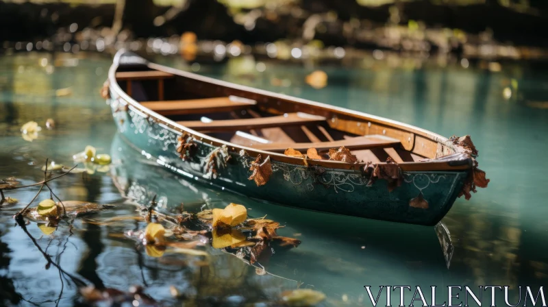 AI ART Intricate Woodwork: Boat Floating on Water with Leaves | Nikon D850