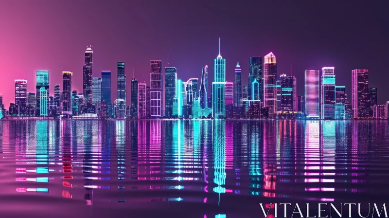 Night View of a Futuristic City with Neon-lit Skyscrapers AI Image