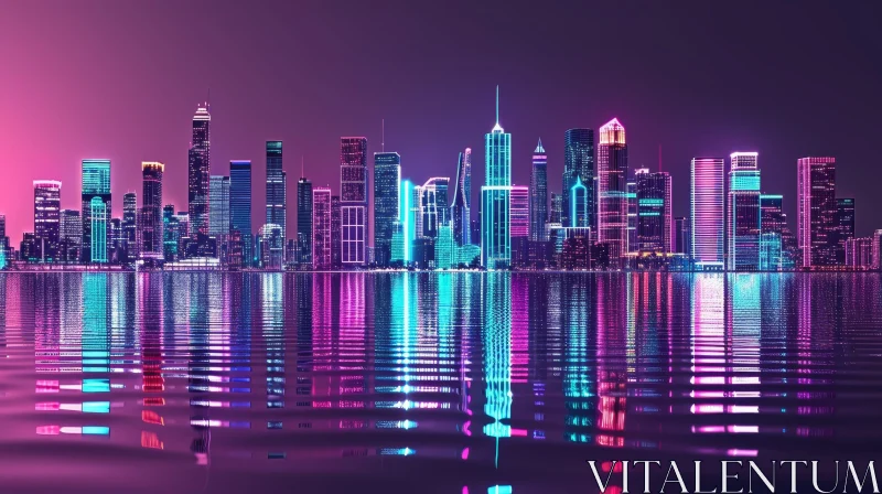 Night View of a Futuristic City with Neon-lit Skyscrapers