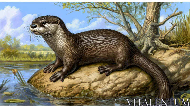 North American River Otter on Rock in River | Digital Painting AI Image
