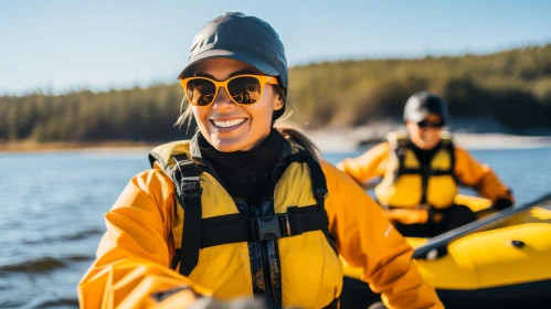 Smiling Woman in Kayak with Forest Background
