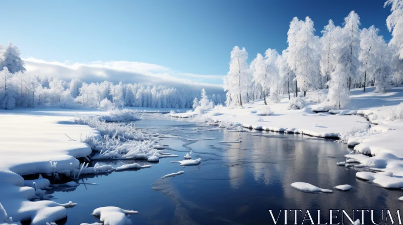 Snow Covered River in a Romantic Winter Landscape AI Image