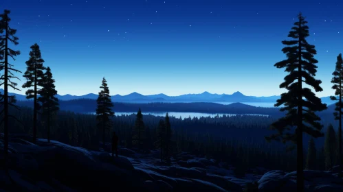 Starry Night Landscape: Majestic Pine Trees and Mountains