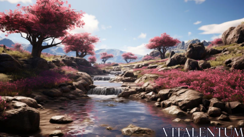 Unreal Engine Styled Landscape with Pink Cherry Blossoms and Stream AI Image