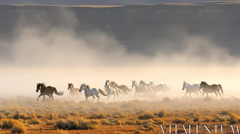 Untamed Beauty: Wild Horses Running in a Dusty Field AI Image