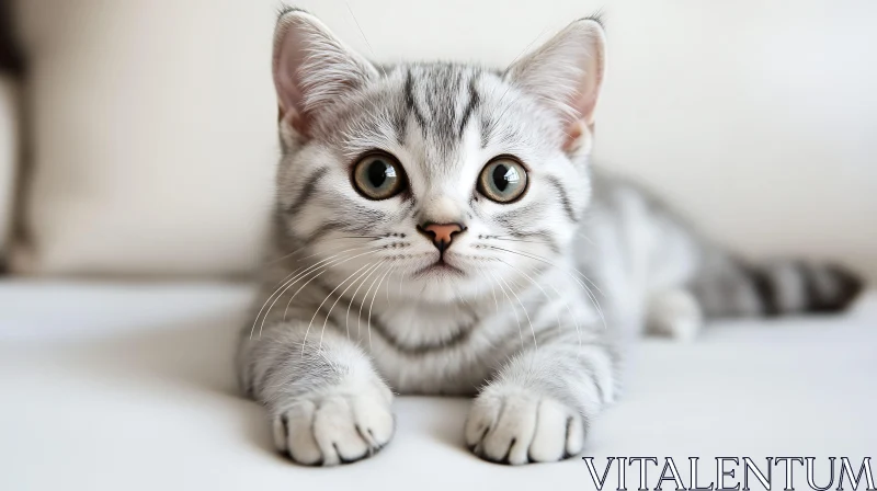 Charming Gray Kitten Laying on White Surface AI Image