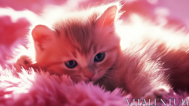 Cute Kitten Relaxing on Pink Blanket AI Image