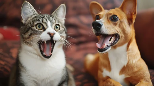 Surprised Cat and Dog Companions