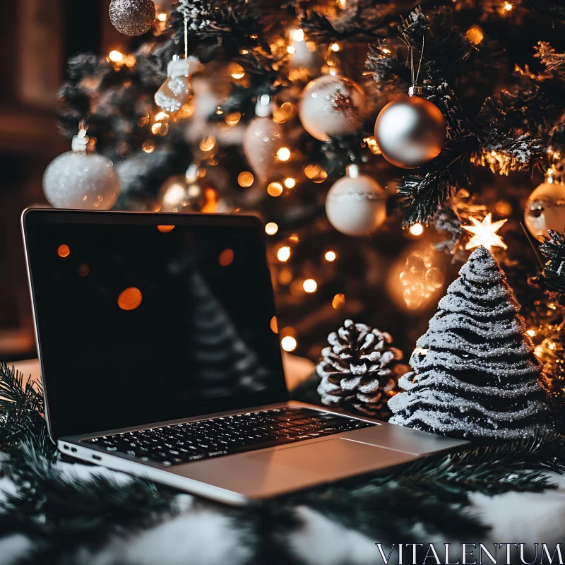 Holiday Atmosphere with Laptop and Christmas Decorations AI Image