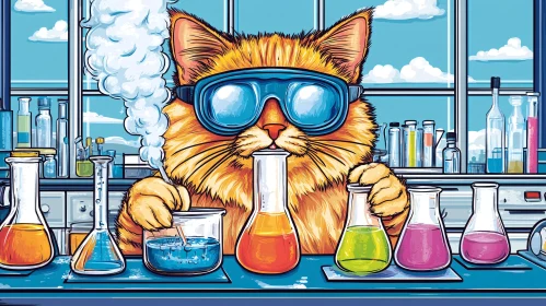 Comic Cat Doing Chemistry in a Lab