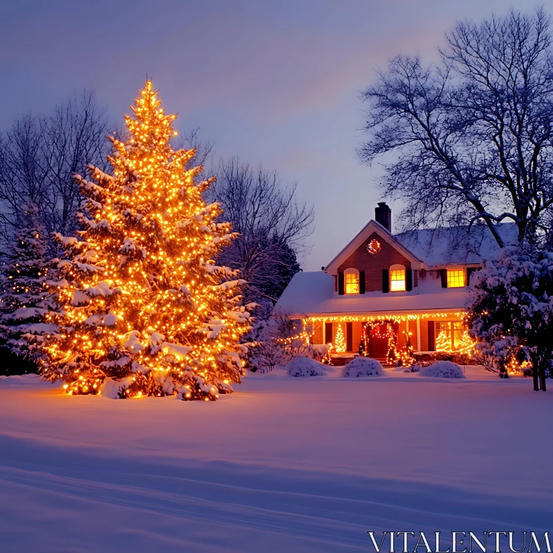 Holiday Lights Adorned House and Christmas Tree in Winter Wonderland AI Image