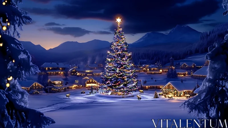 Snow-Covered Village with Illuminated Christmas Tree and Mountain Scenery AI Image