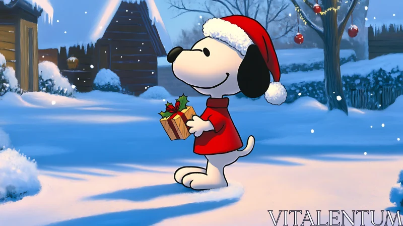 AI ART Festive Cartoon Dog Holding Christmas Gift in Winter Wonderland