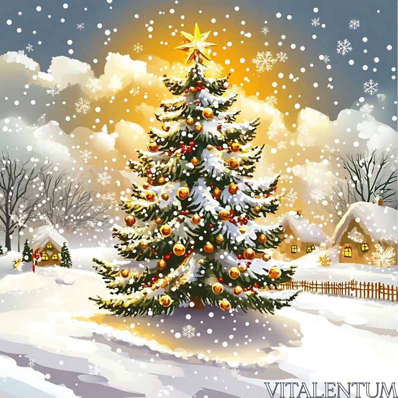 Festive Christmas Tree in Snowy Village AI Image