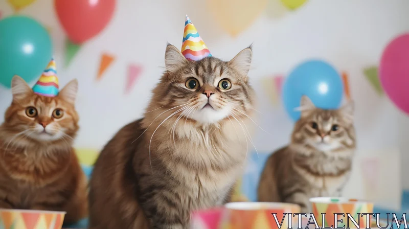 Three Cats Celebrating a Birthday with Balloons and Streamers AI Image